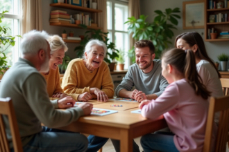 Famille multigenerational jouant à un jeu de société dans un salon chaleureux