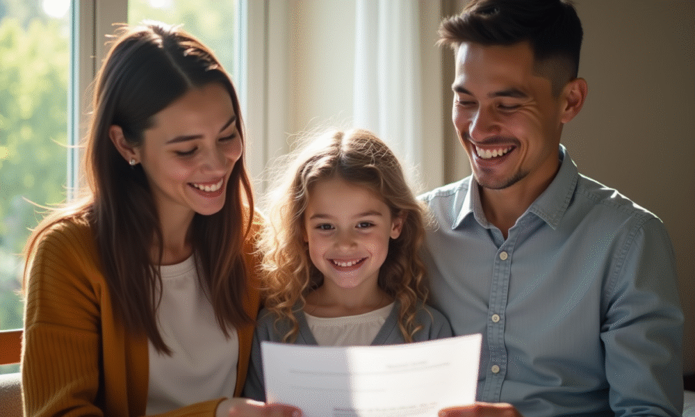 Famille souriante recevant des documents à domicile