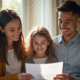 Famille souriante recevant des documents à domicile
