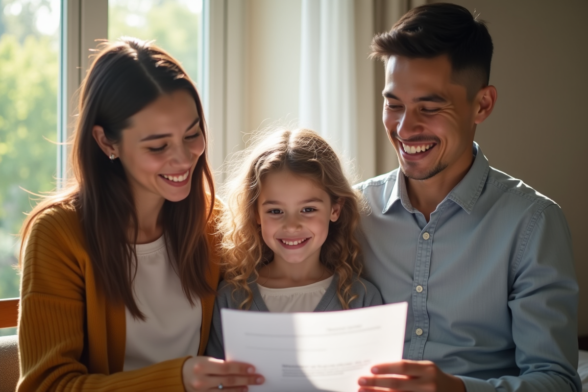 Famille souriante recevant des documents à domicile