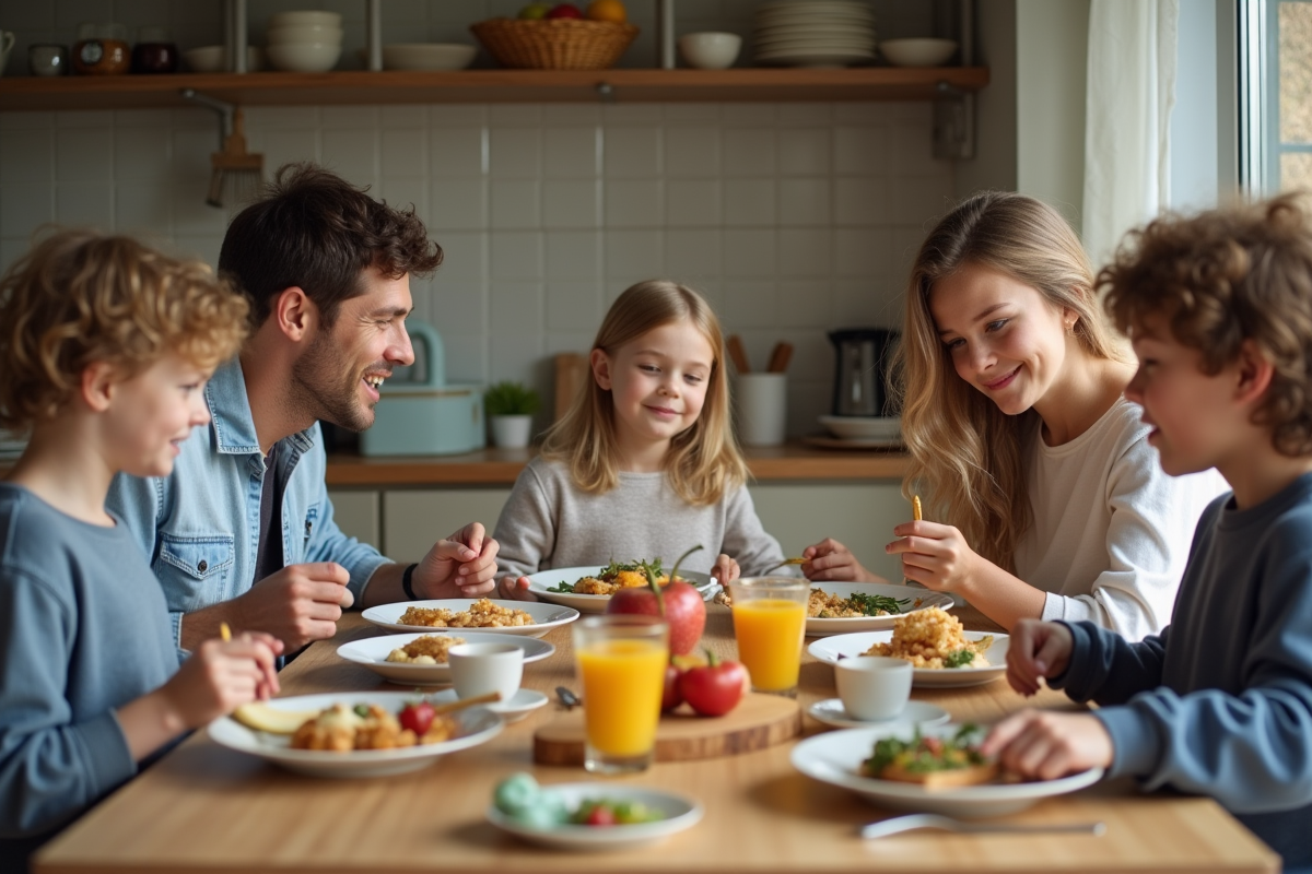 Famille française autour d'une table avec repas variés