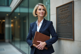 Femme d'affaires en costume dans un bâtiment moderne