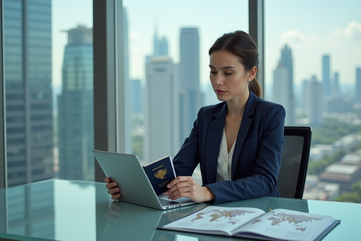 Femme d'affaires regardant une carte du monde sur tablette
