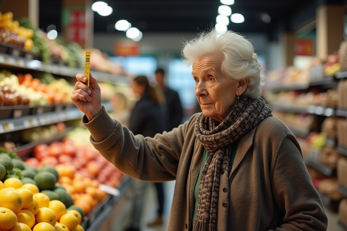 Femme agee examine des etiquettes de prix dans un supermarche