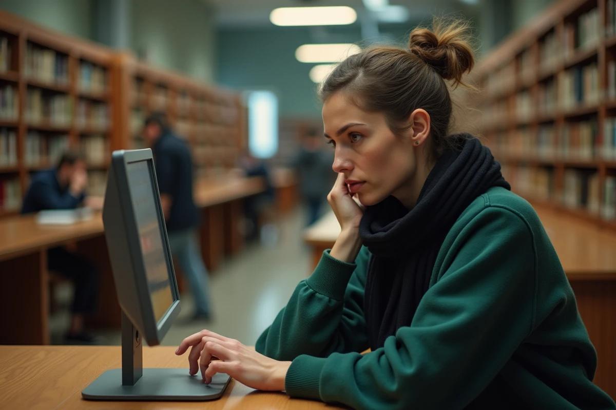 Femme lisant dans une bibliothèque avec archives