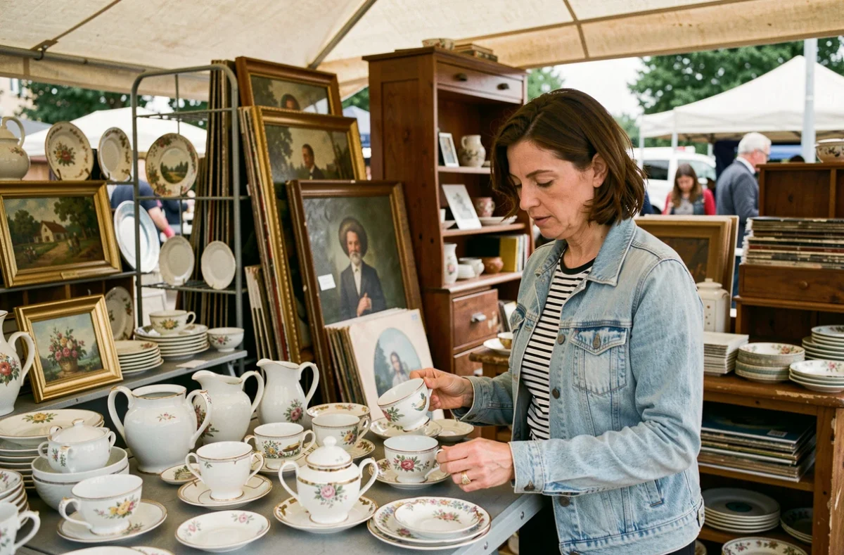 Femme inspectant de la vaisselle ancienne sur un stand de vide grenier en Maine-et-Loire