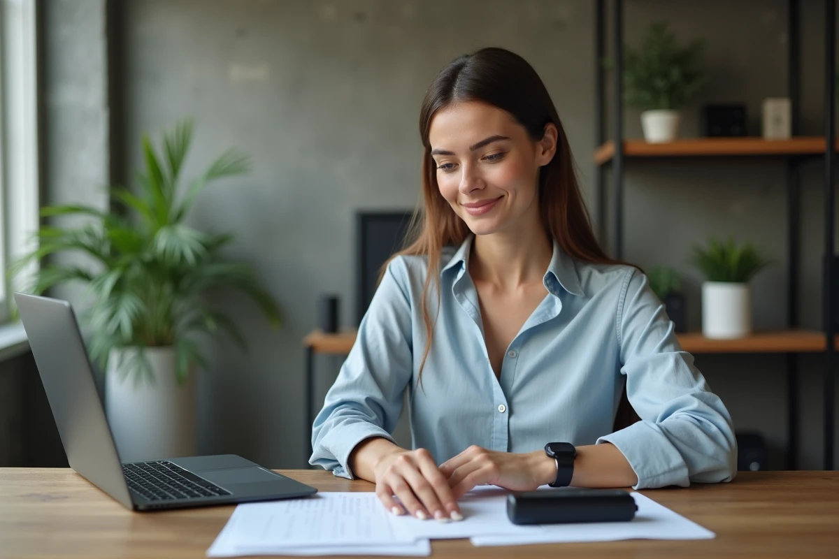 Femme au bureau utilisant une batterie compacte et un ordinateur