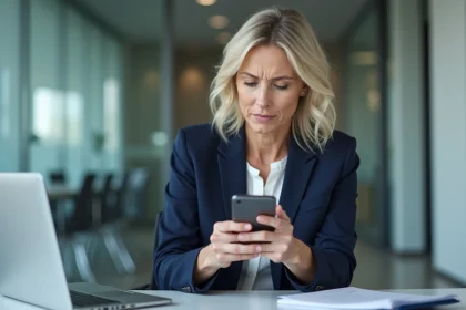 Femme professionnelle consultant un numéro de téléphone avec indicatif 33 3 77 sur son smartphone au bureau