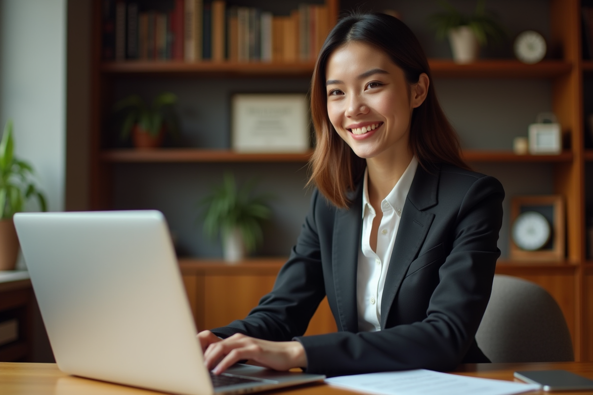 Femme professionnelle travaillant sur un ordinateur dans un bureau moderne