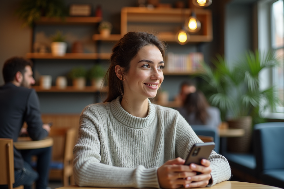 Femme détendue parlant au téléphone dans un café