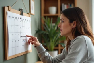 Femme consultant un calendrier papier pour identifier la semaine A ou B dans un bureau à domicile