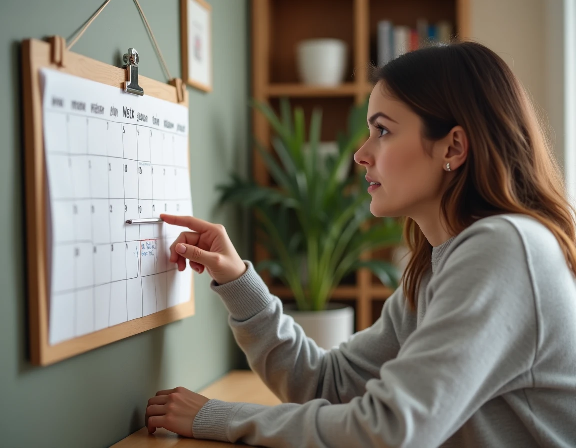 Femme consultant un calendrier papier pour identifier la semaine A ou B dans un bureau à domicile
