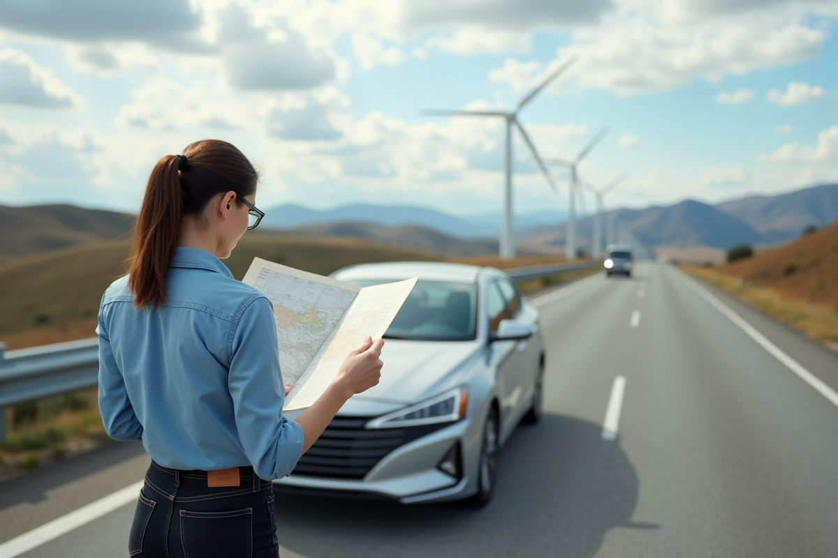 Jeune femme regardant une carte près de sa voiture sur la route