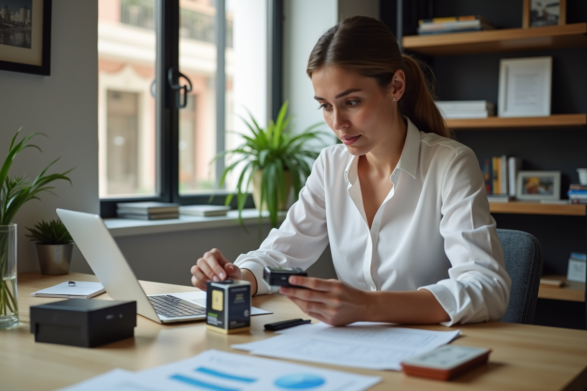 Jeune femme comparant des cartouches d encre dans un bureau à domicile