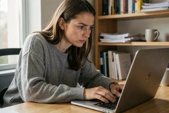 Femme concentrée devant son ordinateur portable découvrant des informations importantes sur une application