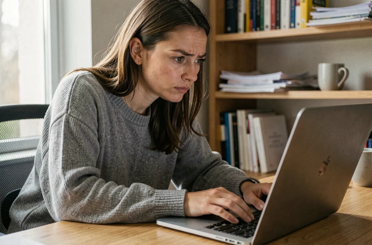 Femme concentrée devant son ordinateur portable découvrant des informations importantes sur une application