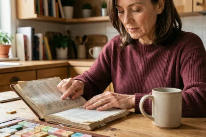 Femme consultant un dictionnaire officiel du Scrabble à une table en bois pour vérifier le mot KO