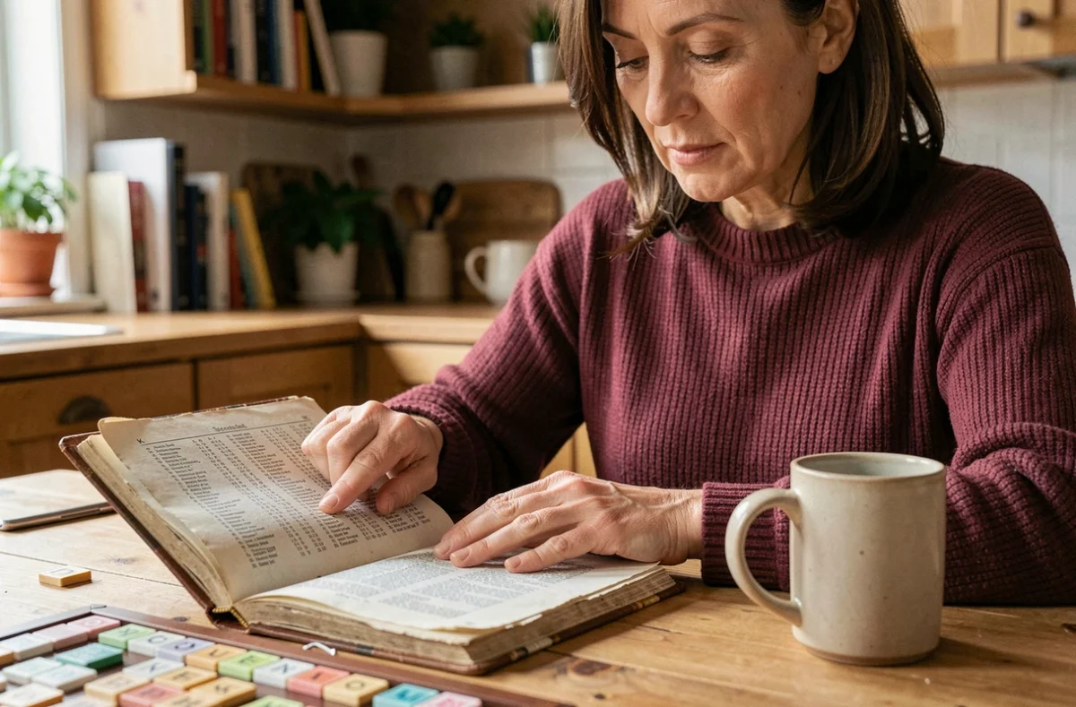 Femme consultant un dictionnaire officiel du Scrabble à une table en bois pour vérifier le mot KO