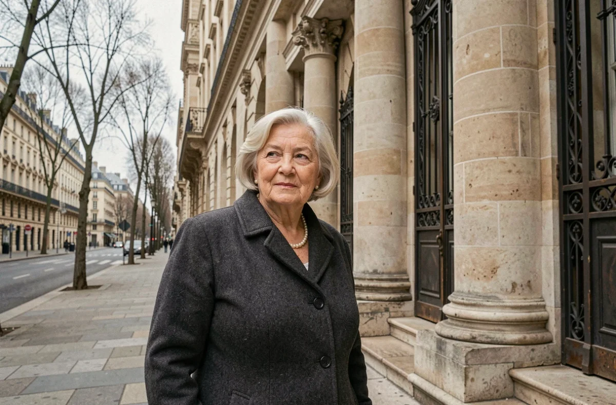 Femme distinguée devant un bâtiment néoclassique parisien aux colonnes de pierre, symbolisant le patrimoine institutionnel et la fortune héritée