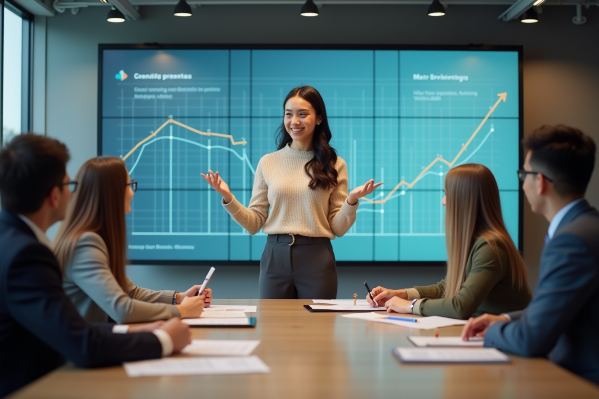 Jeune femme économiste menant une discussion en réunion