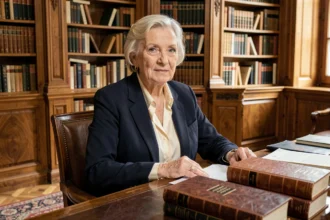 Femme âgée élégante assise à un bureau en acajou dans une bibliothèque parisienne privée, entourée de livres anciens et de documents officiels