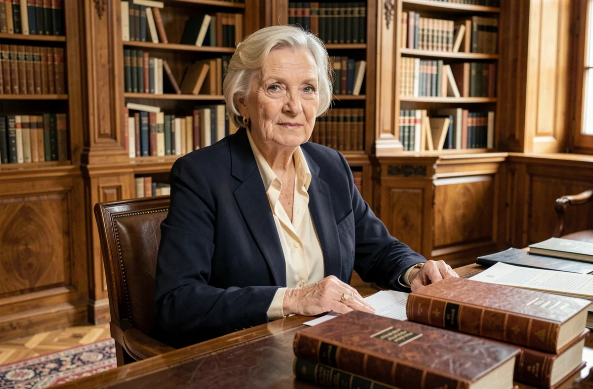 Femme âgée élégante assise à un bureau en acajou dans une bibliothèque parisienne privée, entourée de livres anciens et de documents officiels