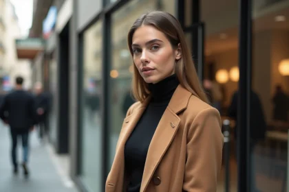 Femme élégante en manteau camel dans une rue parisienne, illustrant l'exposition médiatique d'un couple célèbre