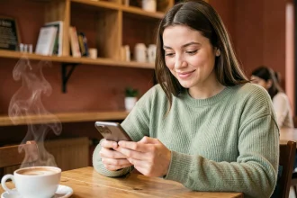 Jeune femme souriante dans un café en train d'envoyer un texto avec des emojis sur son smartphone