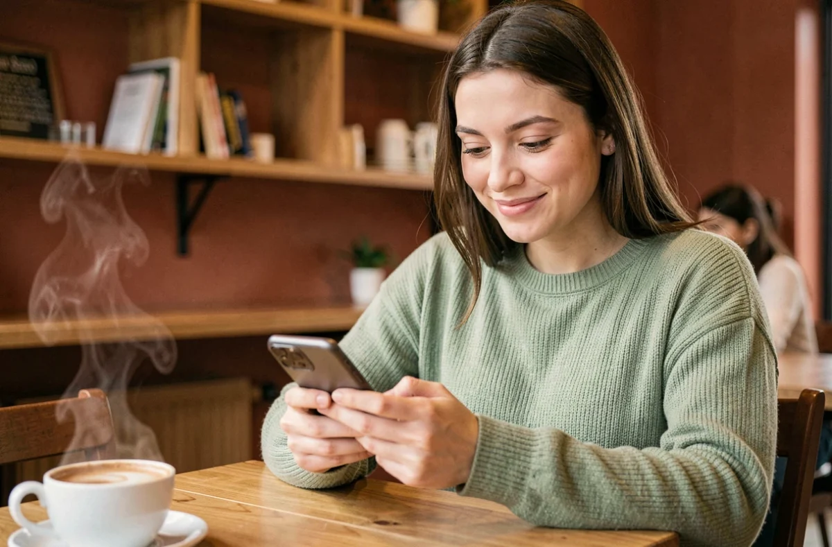 Jeune femme souriante dans un café en train d'envoyer un texto avec des emojis sur son smartphone