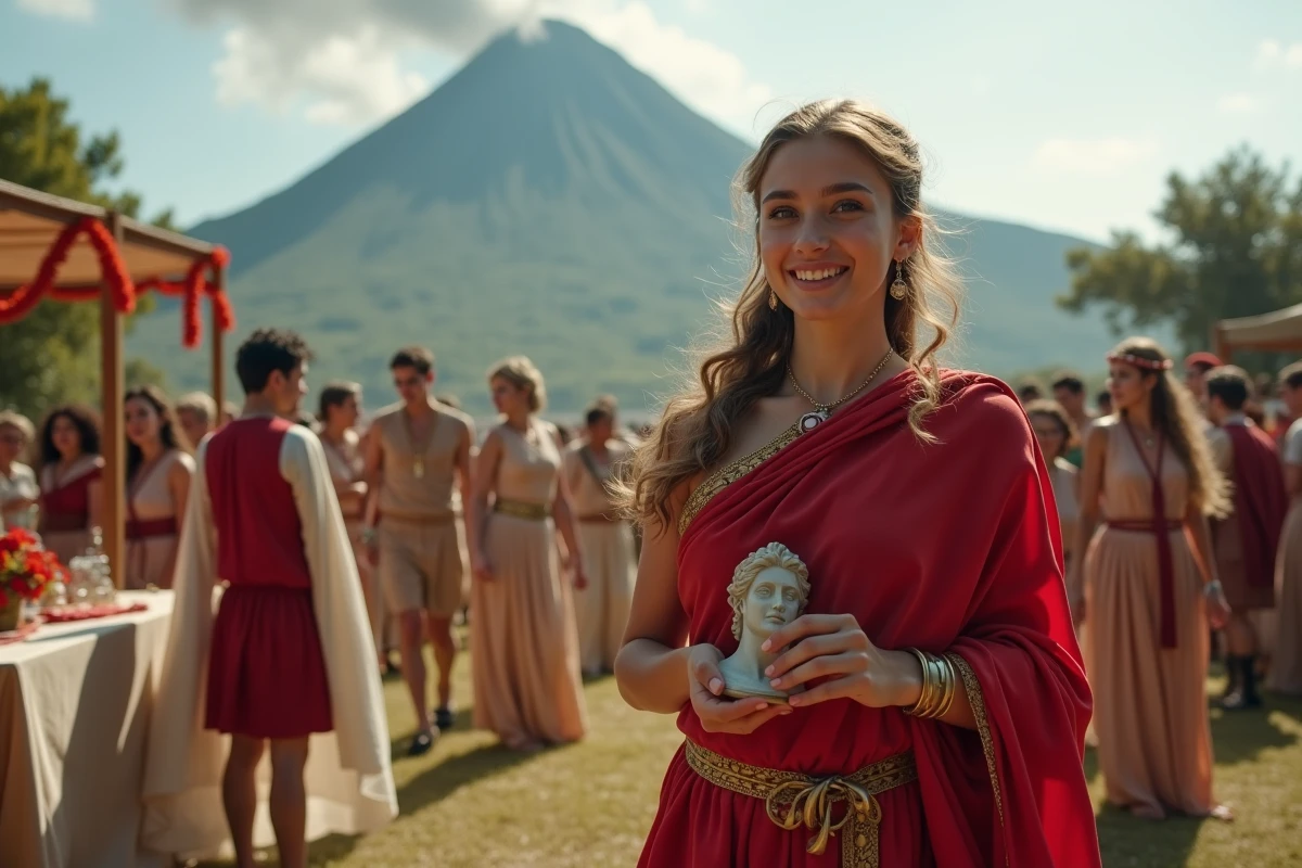 Jeune femme en costume romain participant à une fête près de Vesuvius