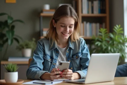 Femme en denim filme un TikTok à la maison