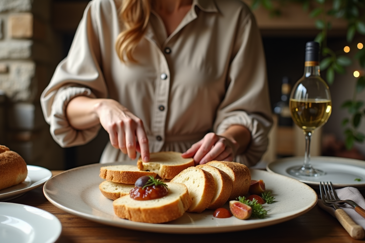 Jeune femme disposant des tranches de foie gras dans une salle à manger rustique