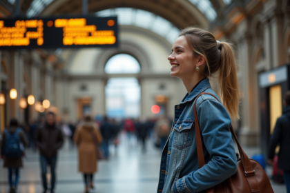 Femme souriante dans la gare SaintCharles avec arched architecture