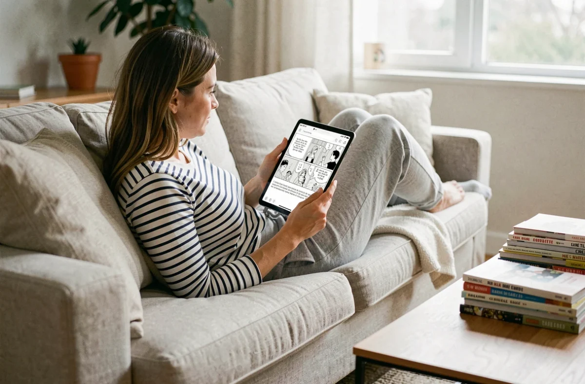 Femme lisant un manga en version française sur tablette numérique dans son salon