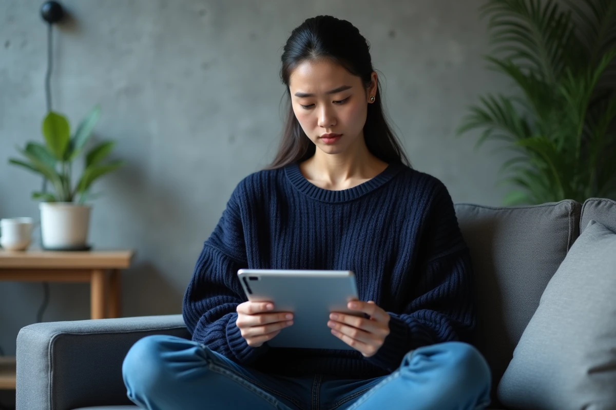 Femme utilisant une tablette pour lire des scans de manga via un VPN dans un salon moderne et minimaliste