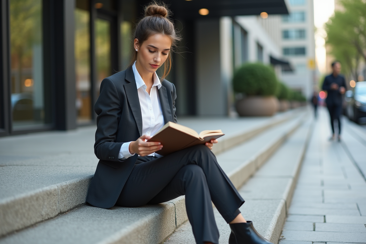 Jeune femme lisant un livre en extérieur en ville