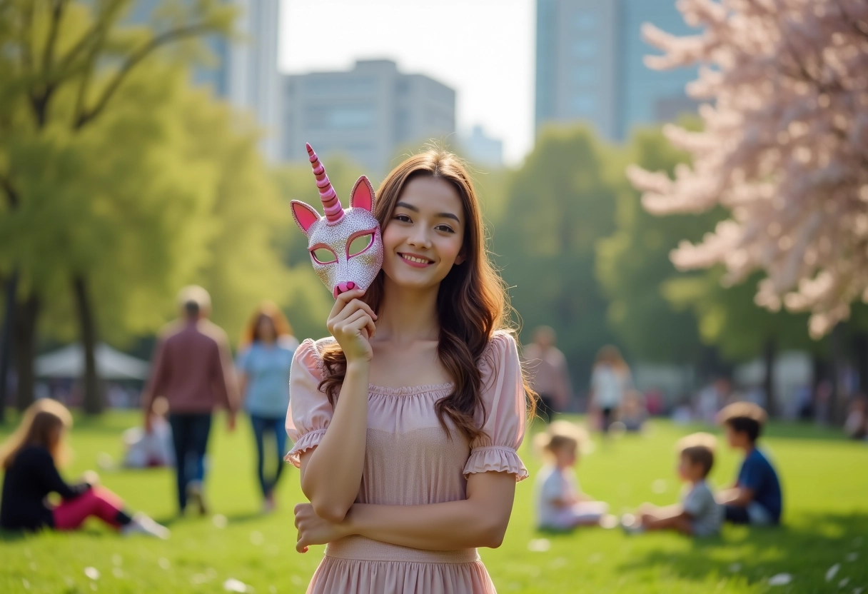 Jeune femme avec masque de licorne dans un parc printanier