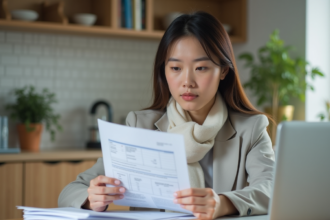 Jeune femme en cuisine avec ordinateur et documents