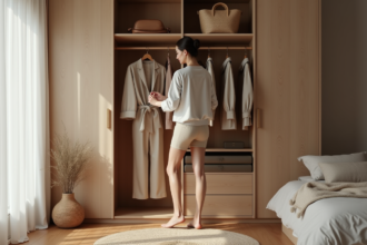 Femme organisée devant une garde-robe minimaliste