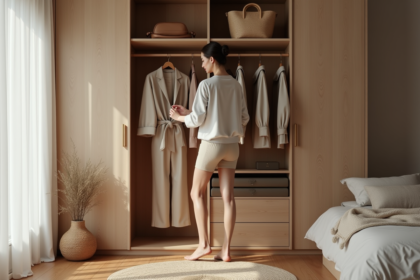 Femme organisée devant une garde-robe minimaliste