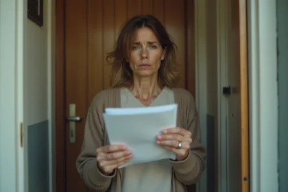 Femme d'âge moyen tenant un document officiel dans un couloir d'appartement