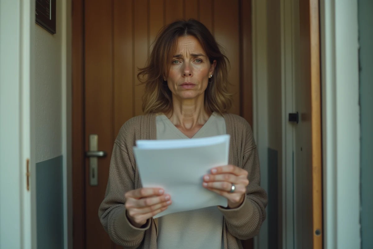 Femme d'âge moyen tenant un document officiel dans un couloir d'appartement
