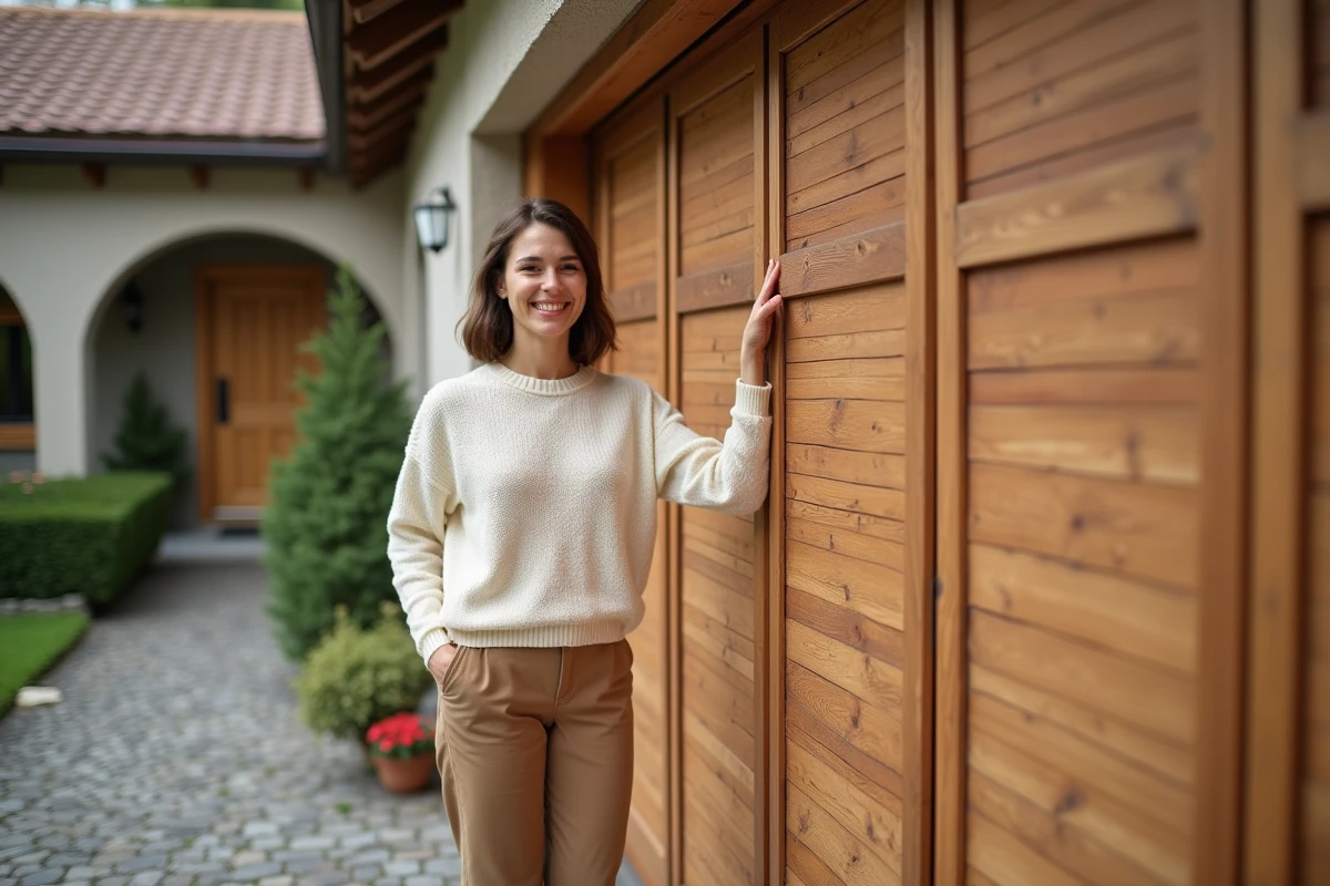 Jeune femme souriante devant porte de garage en bois