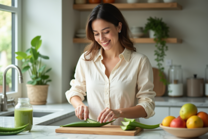 Femme préparant un smoothie à l'aloe vera dans une cuisine moderne