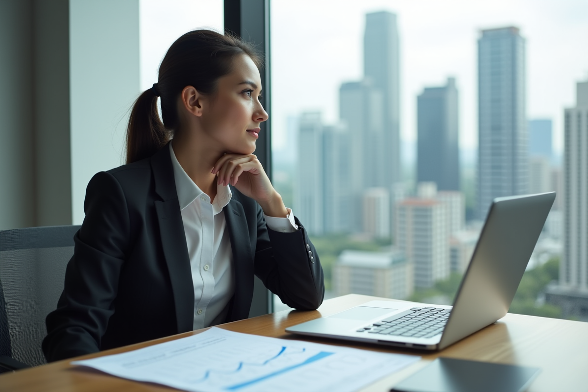 Jeune femme professionnelle regardant par la fenêtre en ville