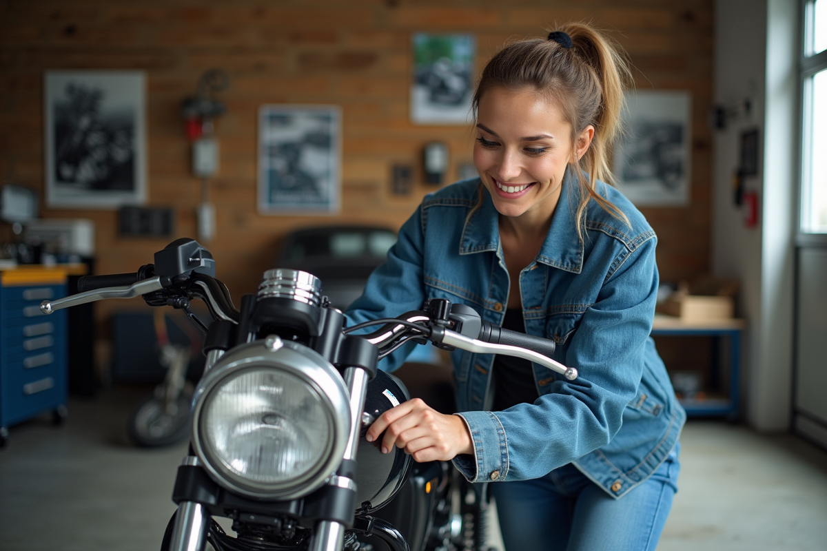 Femme en garage réparant une moto Piwi Moto 50 avec un sourire