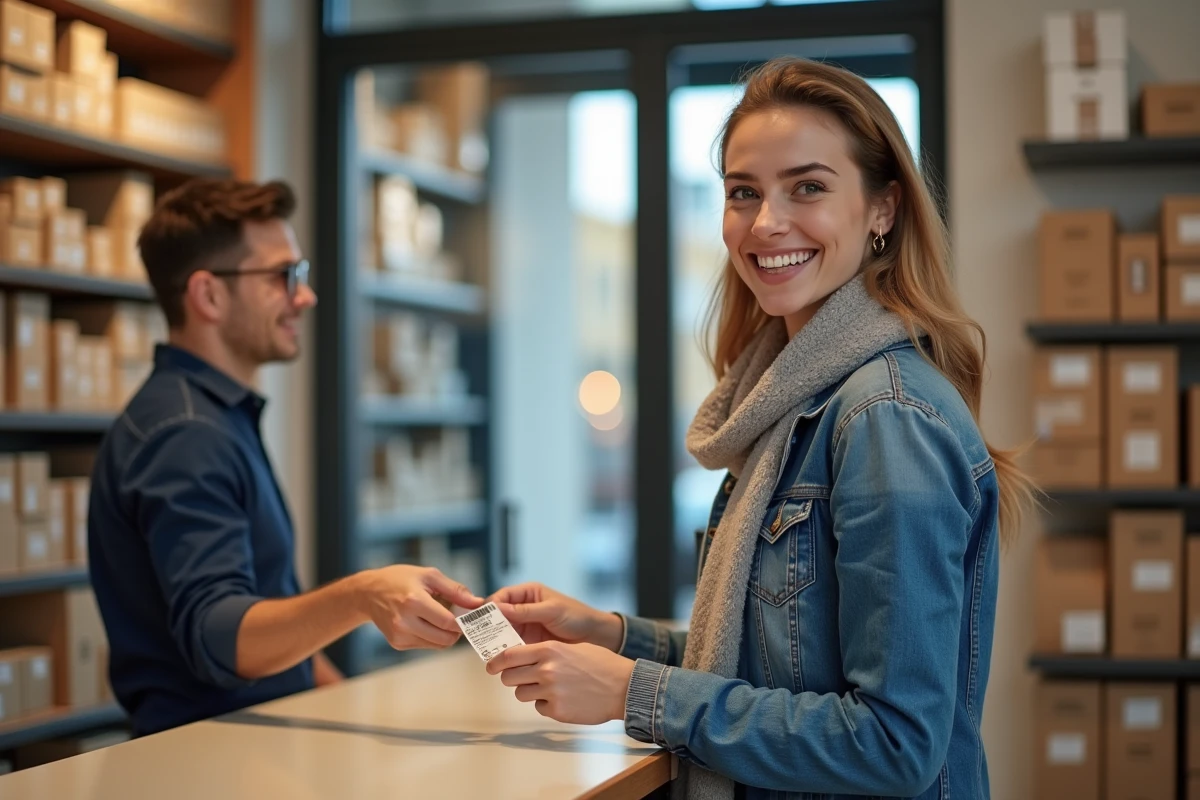 Femme souriante récupère un colis dans un point relais moderne