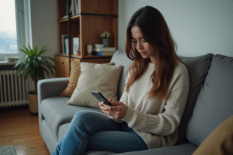 Femme pensive sur un canapé dans un salon moderne