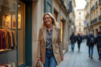 Femme élégante faisant du shopping dans le centre historique de Montpellier