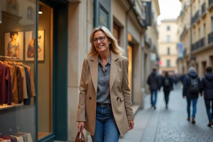 Femme élégante faisant du shopping dans le centre historique de Montpellier